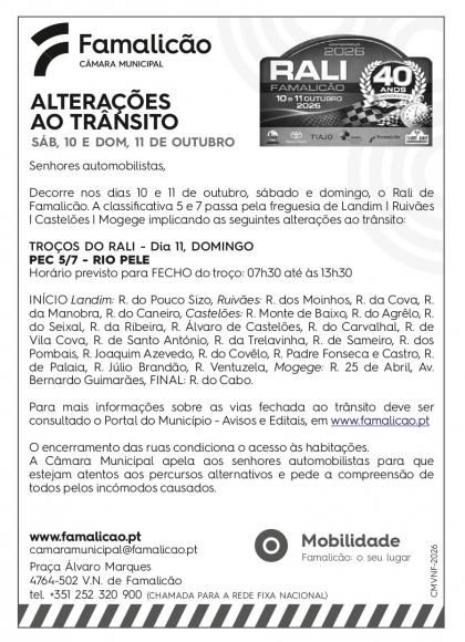 Rali de Vila Nova de Famalic&atilde;o 2026 | Edital de Fecho de Estradas